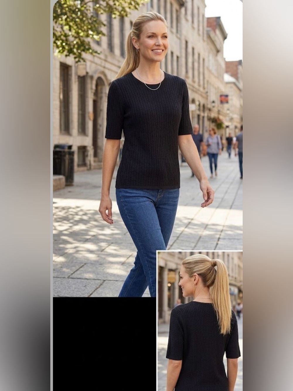 Women’s Black Cable Knit Short-Sleeve Silk and Cashmere Sweater Size 1X